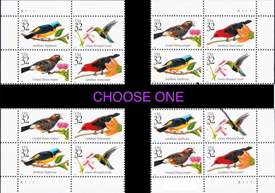US #3222-3225 MNH Plate Block 1998 Tropical Birds Cardinal Euphonia [B1111] - Image 1 of 1