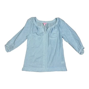 Blusa de mujer Lilly Pulitzer 100 % seda azul blanco a rayas talla M botón perla - Imagen 1 de 11