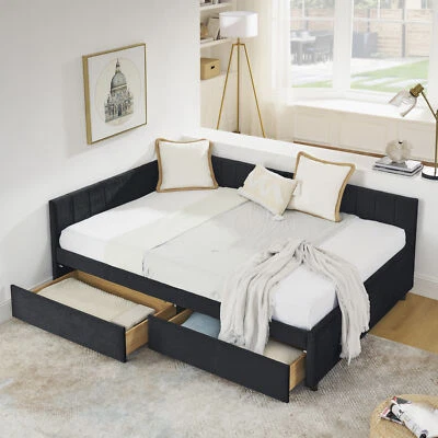 Full Size Velvet Upholstered Tufted Bed Frame Sofa Bed Daybed W/ 2 Drawers Black - Image 1 of 4