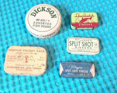 VINTAGE PFLUEGER SHURCATCH DICKSON J C HIGGINS HOOK SINKER FISHING TINS - Image 1 of 4