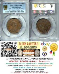 c. 1790 GB Conder Halfpenny - NORFOLK BLOWFIELD - D & H 11 - PCGS MS63 - EC 8004 - Picture 1 of 11