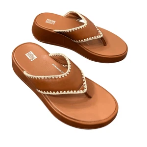 FitFlop Sandals Platform 8 Brown F-Mode Crochet Stitch Leather Flatform Toe Flip - Picture 1 of 18