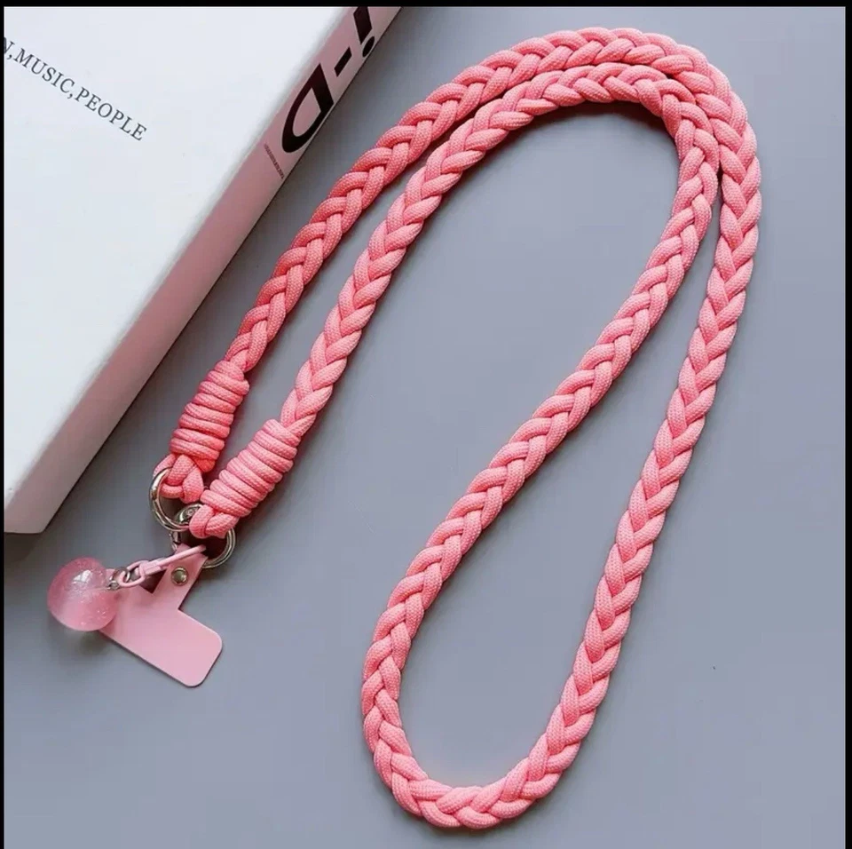 Lange Handykette- Geflecht -Lanyard-Rosa-Herz Anhänger Umhänge Band-Anti-Verlust - Bild 1 von 1