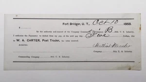 1868 36th US Infantry Fort Bridger Utah Territory W.A. Carter 5 $ Sutler Skript - Bild 1 von 2
