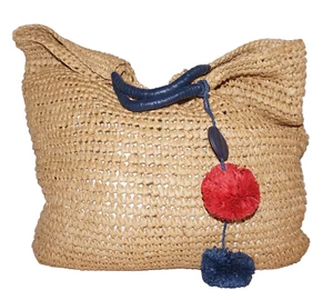 Borsa tote MARK & GRAHAM in carta intrecciata marrone chiaro e pelle blu navy 14 x 14 - Foto 1 di 11