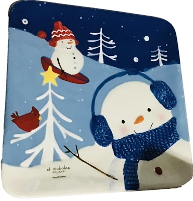 St Nicholas Square Let It Snow Holiday Serving Plate Blue White Snowman 9 Inch - Image 1 of 4