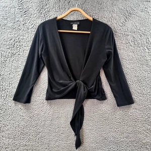 Vintage Liz Jordan Womens Crop Cardigan Top Size 8 Black Stretch Knit 3/4 Sleeve - Picture 1 of 13