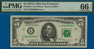 1977A $5 Federal Reserve Note PMG 66EPQ 2nd highest graded LC block Fr 1975-L - Picture 1 of 3