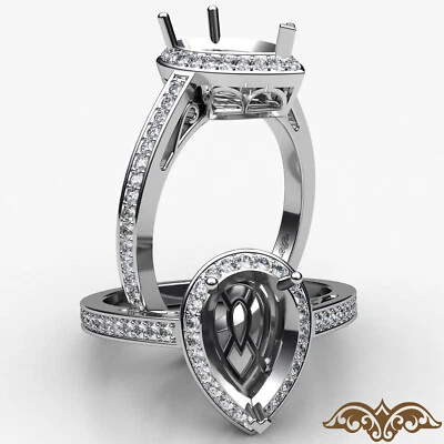 Pear Semi Mount Halo Pave Diamond Engagement Filigree Ring 14k White Gold 0.5Ct - Image 1 of 4