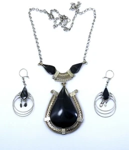 Ethnic Vintage BLACK JASPER Tear Drop Pear Shape Necklace Dangle Earrings Set - Picture 1 of 6