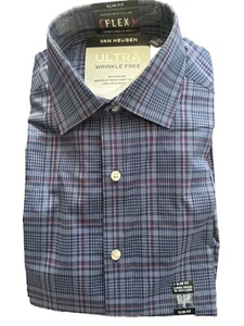 Van Heusen camicia elegante uomo antirughe manica lunga a quadri blu 14 - 14,5 32 33 - Foto 1 di 3