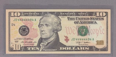 COLLECTORS ITEM #09 - NEAR SOLID SERIAL 44444494 - FR#2041-D JDA - evTT3 - Image 1 of 2