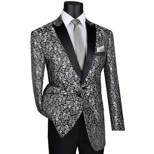 VINCI Men's Silver Paisley 2-Button Regular Fit Tuxedo Jacket - NEW - Picture 1 of 27
