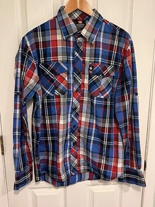 SOUTHPOLE Mens Short Sleeve Blue Red Plaid Button Up Shirt Pocket Large - Picture 1 of 6