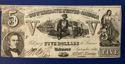 1861 Confederate States Of America Five Dollars Note, Richmond - Image 1 of 2