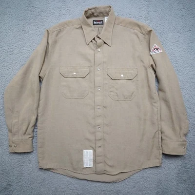 Bulwark FR Work Shirt Mens L Tan Flame Resistant Arc Rating Pearl Snap Button - Image 1 of 4
