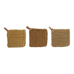 Square Crochet Cotton Pot Holders with Leather Loop, Set of 3 Colors - Picture 1 of 1