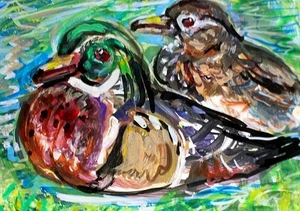 ORIGINAL ACEO Painting WOOD DUCKS Love BIRD Spring Summer Lake Nature Pond ART - Afbeelding 1 van 1