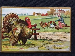 Patriotische Vintage 1916 Erntedank-Postkarte Uncle Sam füttert Truthähne geprägt - Bild 1 von 2