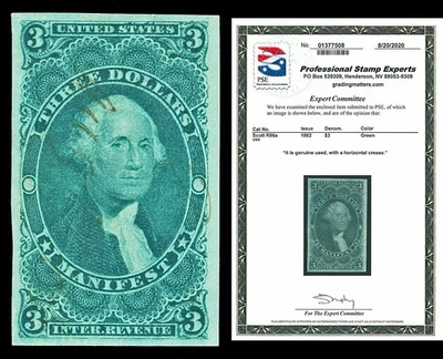 Scott R86a 1862 $3.00 Imperf Manifest Used VF Cat $250 with PSE CERT - Image 1 of 2