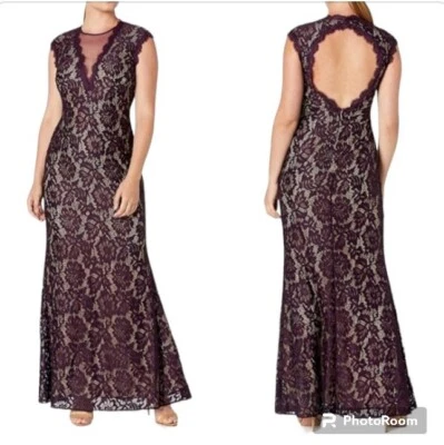 Betsy & Adam Floral Lace Illusion Mermaid Gown Maxi Dress Plum - Image 1 of 4