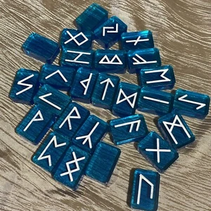 Bright Blue Translucent Resin Rune Stones, Elder Futhark, Pagan, Set Of 27 - Picture 1 of 6
