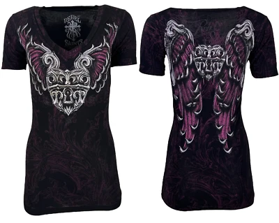 Camiseta para mujer Rebel Saint by Affliction caja de seguridad motorista tatuaje Foto 1 de 4