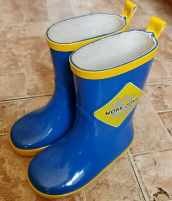 Work Zone 学步儿童 男孩 女孩 雨靴 100% 橡胶 蓝色/黄色 有衬里 尺寸 7 — 第 1/4 张图片