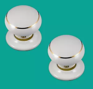 Perillas de puerta de mortaza de porcelana de 60 mm blancas de una sola línea dorada con cuello de latón (par) - Imagen 1 de 3