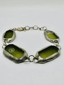 Unusual Green Recycled Glass Link Bracelet Artisan made Bohemian Signed “sg” - Picture 1 of 12