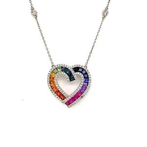 18K WHITE GOLD MULTI-COLOR RAINBOW SAPPHIRES AND DIAMONDS HEART NECKLACE