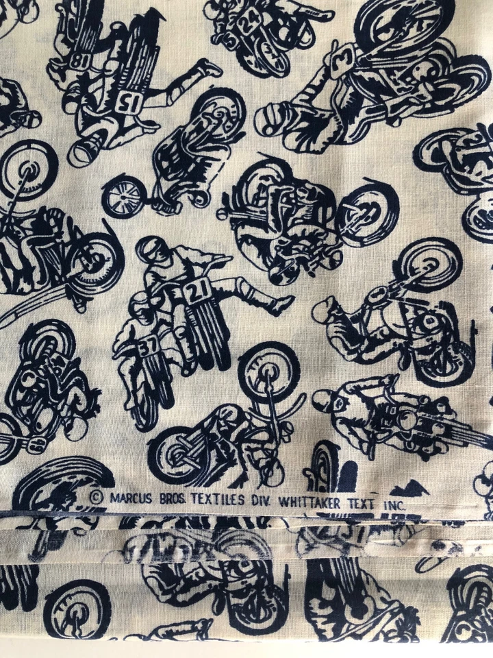 Marcus Brothers Textiles BLUE  MOTORCYCLES ON BEIGE  1 yard + by 44" wide - Image 1 of 1
