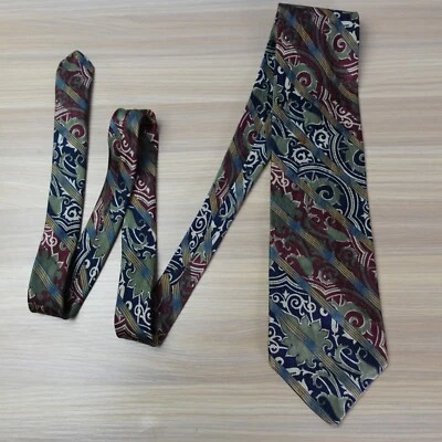 Mens Neck Tie Blue Green Swirl Stripe Silk Retro Tribal Filigree STRUCTURE USA - Image 1 of 4