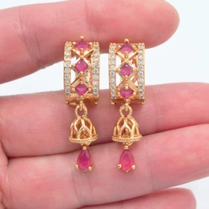 18K Yellow Gold Filled Rose Red Topaz Dangle Huggie Wedding Earrings Jewelry - Picture 1 of 2