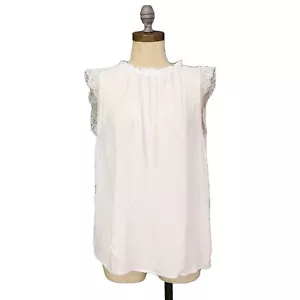 VELVET By Graham & Spencer Ruffle Neck Blouse M Lightweight Lace Detail White B1 - Picture 1 of 5