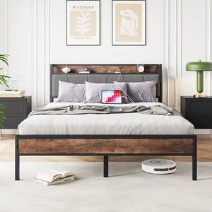 Queen Size Metal & Wood Bed Frame, Storage Headboard with Charging Station - Picture 1 of 9