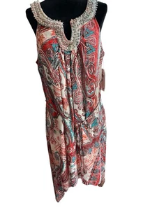 NWTStudio One Women's Sz 12P Orange Paisley Sleeveless Hi Low Dress Beaded Neck - Picture 1 of 10