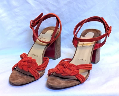 Christian Louboutin Ella Braided Suede Strappy Wooden Block Heel Sandal Shoes - Image 1 of 4