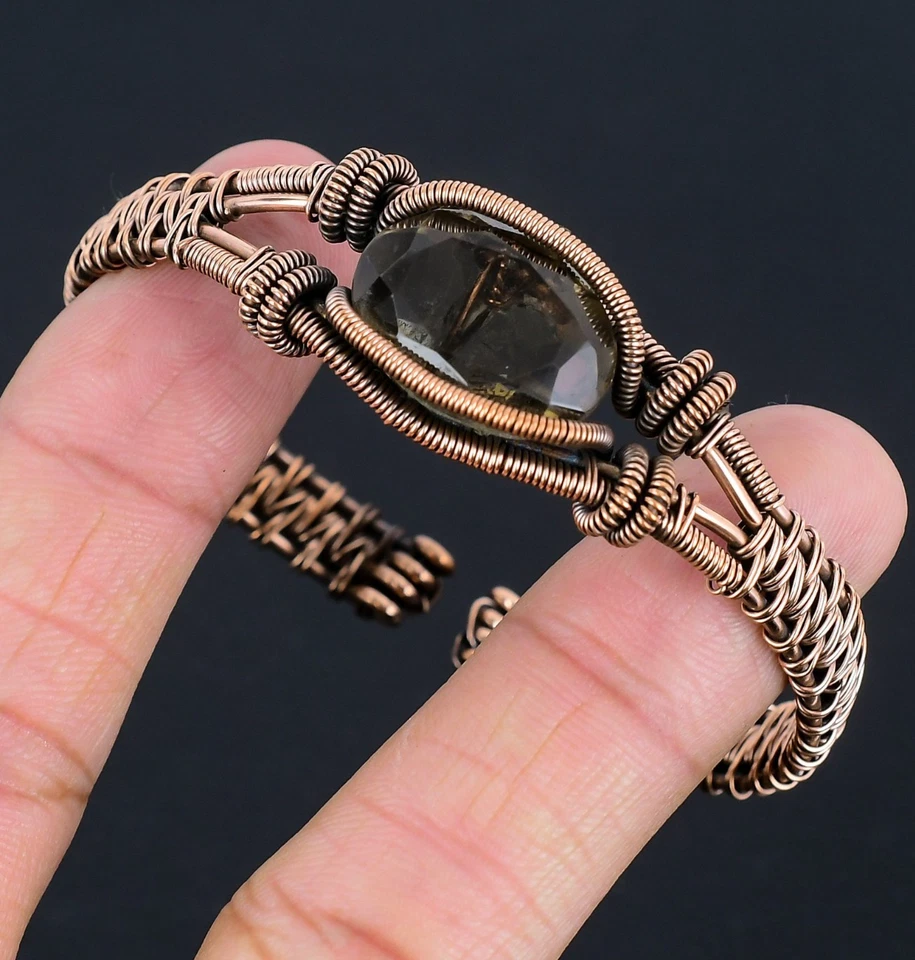 Smoky Topaz Handmade Gemstones Copper Wire Wrap Adjustable Bangle Jewelry - Image 1 of 4