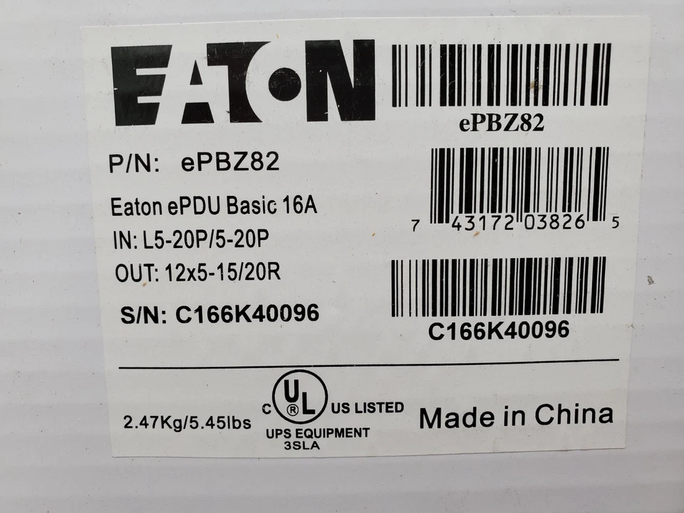 Eaton EPBZ82 Basic Rack PDU 1U, L5-20P Input, 1.92 KW Max, 100-120V, 15 Cord - Image 1 of 4