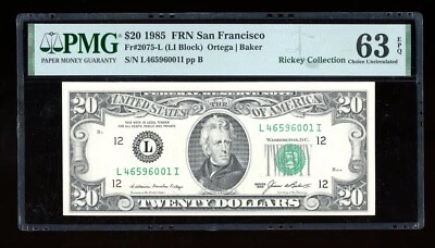 DBR 1985 $20 FRN San Francisco Fr. 2075-L PMG 63 EPQ Serial L46596001I - Image 1 of 2