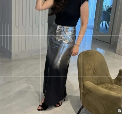 New Zara Maxi Metallic Silver Foil Black Denim Skirt 5862/051 Small Medium Large - Image 1 of 4