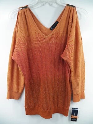 INC NUEVO CON ETIQUETAS MUJER SUÉTER GRANDE TOP CAMISA PUNTO NARANJA HOMBRO ABIERTO DORADO METÁLICO Foto 1 de 4