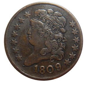 Half cent/penny 1809, 9 over 6 repunched date Cohen 5 higher grade - Picture 1 of 2