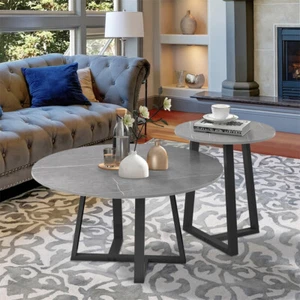 Round Modern Nesting Coffee Table Set Of 2 Living Room Accent Tables Marble Top - Picture 1 of 12