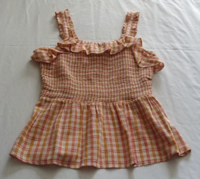 СТАРЫЙ темно-розовый и оранжевый клетку со сборками и оборками Майка Sz маленький - Изображение 1 из 4