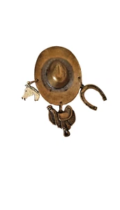 Vintage Lapel Pin Cowboy Hat w/Horsehead-Saddle-Shoe, Brass - Picture 1 of 2