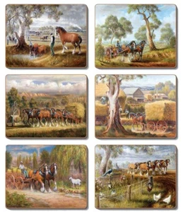 Country Kitchen Working Horses Cinnamon Cork Backed Drink Coasters Set 6 - Picture 1 of 1