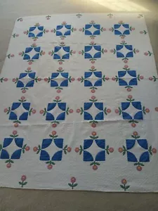 Vintage Hand Appliqued Hand Quilted Posey Round The Square Quilt - Picture 1 of 22