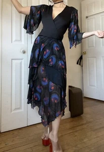 Vtg Whimsigoth Gypsy Boho Disco Dress Sheer Knit Peacock 1970s 1980s - Picture 1 of 11